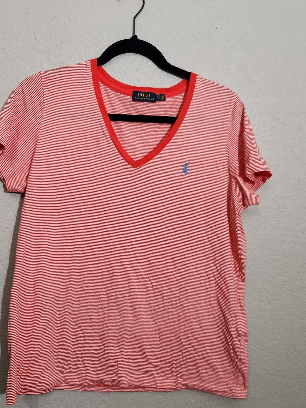 Ralph Lauren Shirt Coral White Striped V-Neck Tee